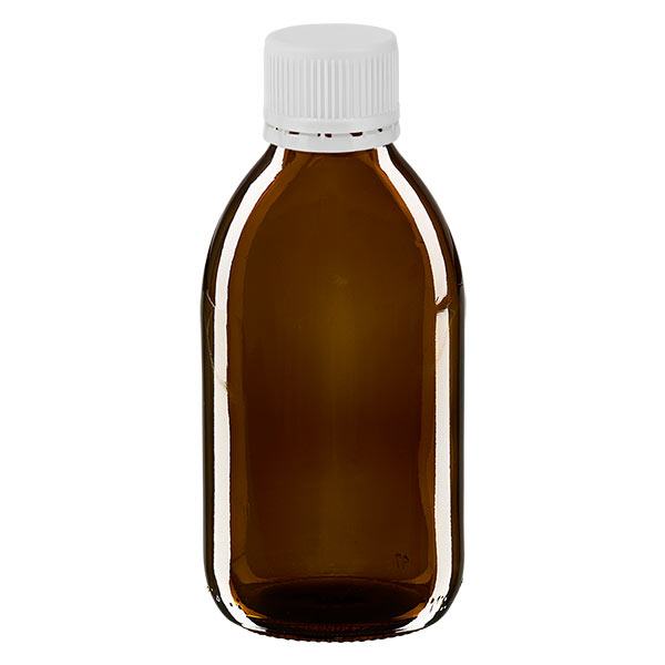 250ml lääkepullo ruskea, valkoinen korkki, jossa on väärentämisen estävä rengas ApoGlas 250ml lääkepullo ruskea, valkoinen korkki, jossa on väärentämisen estävä rengas ApoGlas