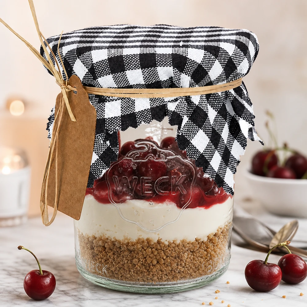 Vichy check kankaasta doily mustavalkoinen jälkiruokapurkki kirsikoilla, koristeellinen purkin kansi 12cm neliö