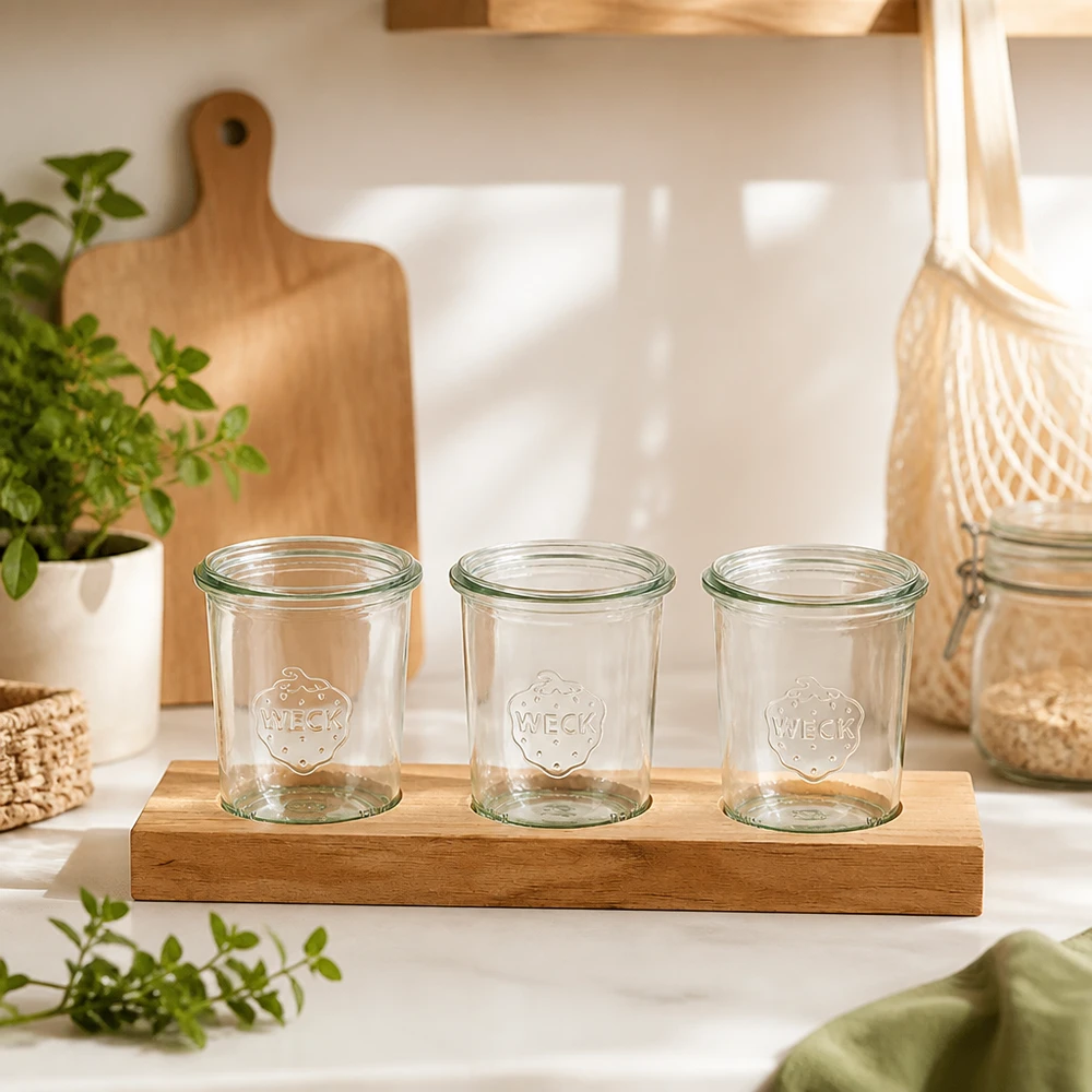 Tarjoilulautanen Plano3 ja 3 kpl Weck-lasipurkkia (160 ml) Kolme tyhjää Weck 160ml -mukia Plano3-bambusta valmistetun tarjoilulautasen päällä skandinaavisessa keittiökoristeessa, jossa on kasveja.