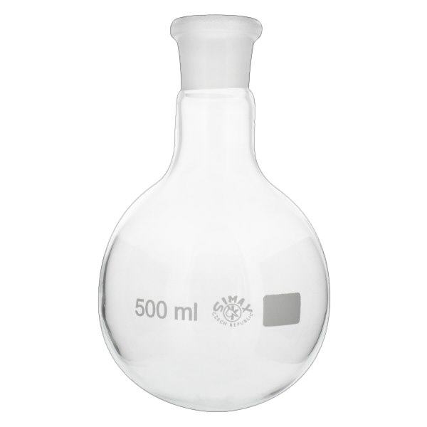 Pyöreäpohjainen pullo 500ml, jossa on vakiohiottu liitos (29/32). Pyöreäpohjainen pullo 500ml, jossa on vakiohiottu liitos (29/32).