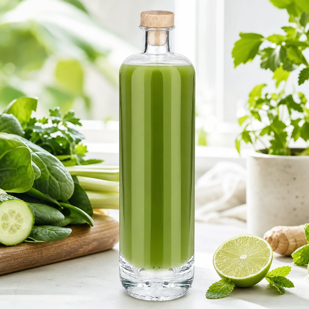 700 ml:n Ella-lasipullo täynnä vihreää smoothieta ja puukorkkia tuoreen kurkun, limen ja yrttien välissä.