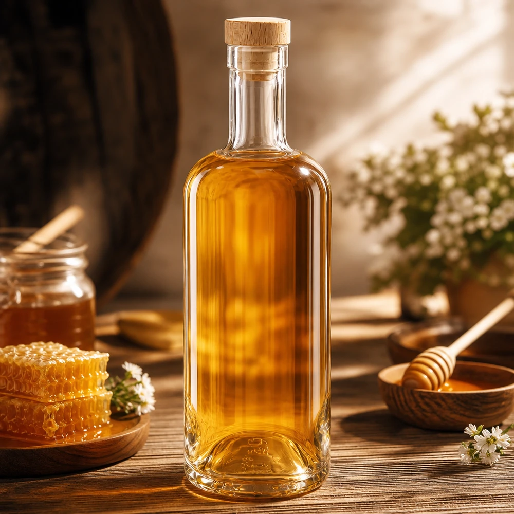 750ml Glasflasche "Attila" mit Holzgriffkorken UNiTWIST® Glasflasche Emma 750ml mit Holzkorken gefüllt mit Honig in rustikaler Küche mit Bienenwaben und Honigzubehör