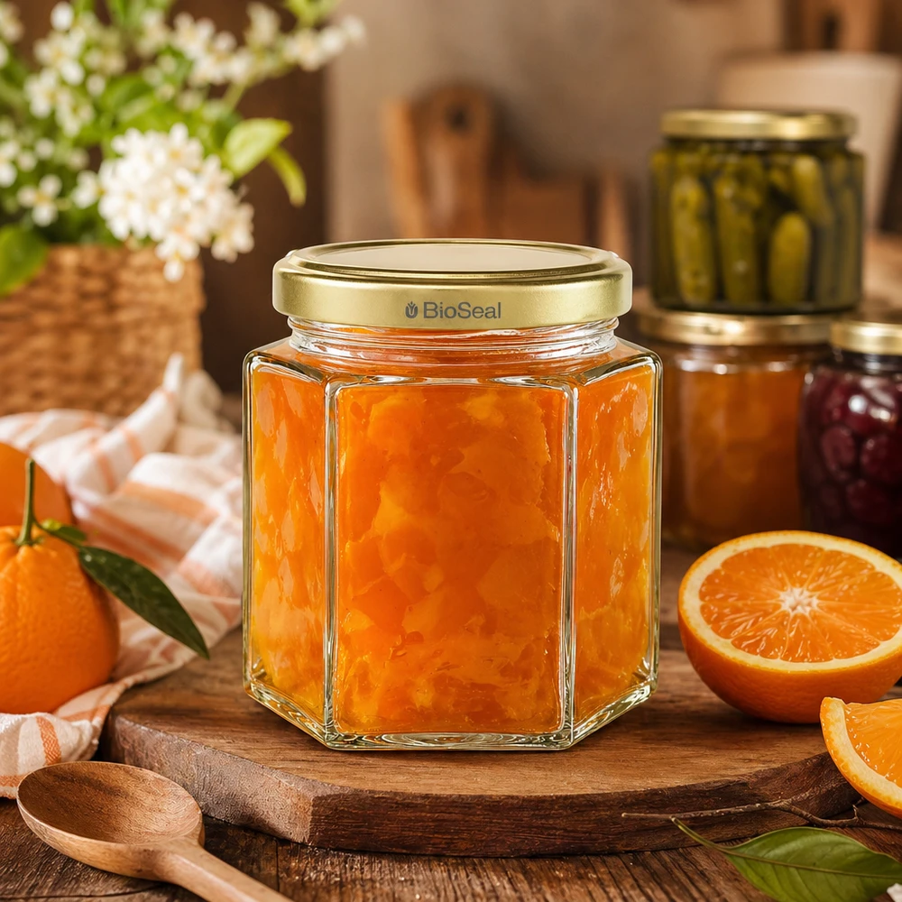 520g Honigglas mit goldenem Deckel BioSeal UNiTWIST BioSeal 520g hunajapurkki kuusikulmainen, jossa on appelsiinimarmeladia puulevyllä, jota ympäröivät tuoreet appelsiinit ja keittiökoristeet.