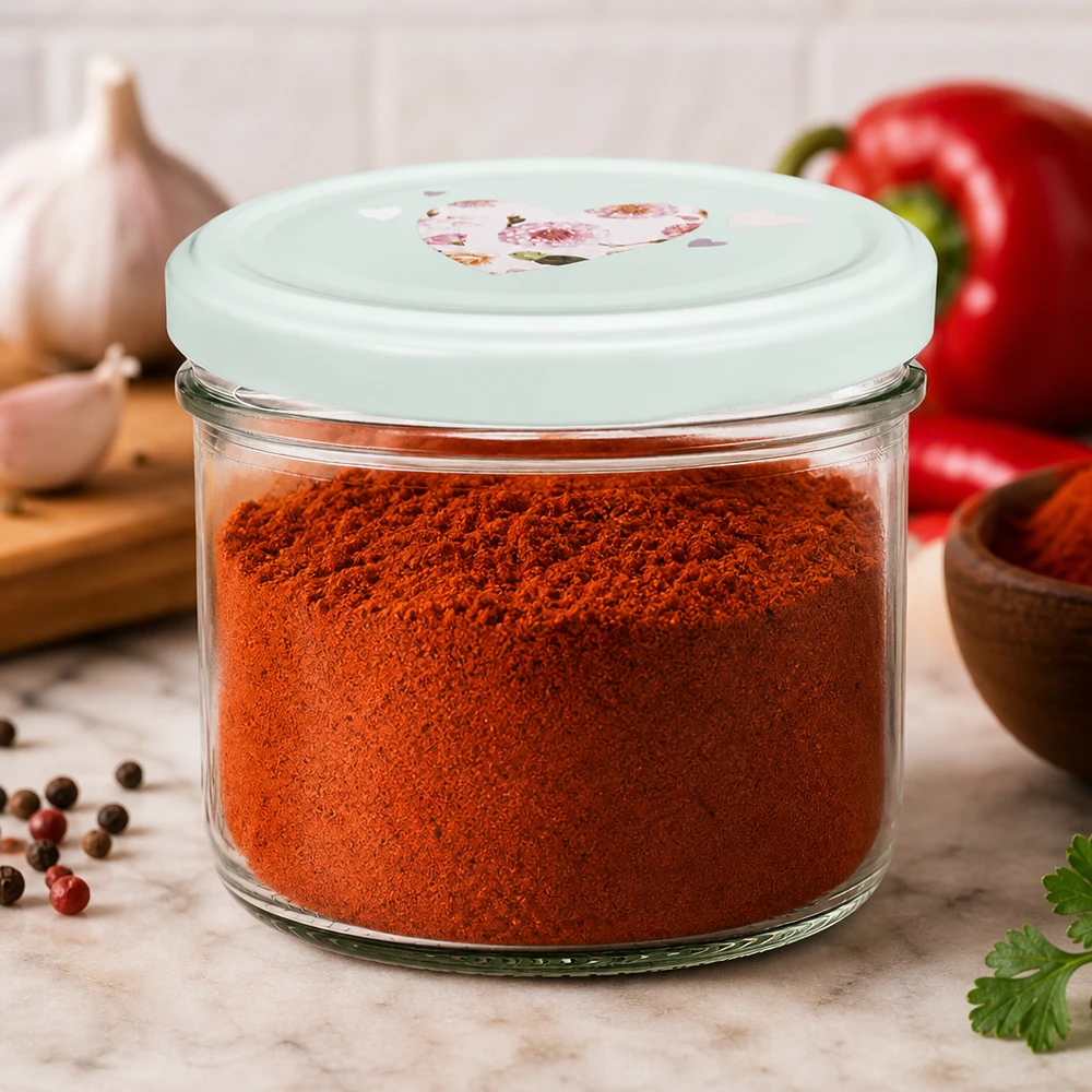 230ml sylinteripurkki + BasicSeal kansi sydän minttu 230ml Zylinderglas mit mint BasicSeal Deckel gefüllt mit Paprikapulver, ideal für Gewürzaufbewahrung in der Küche