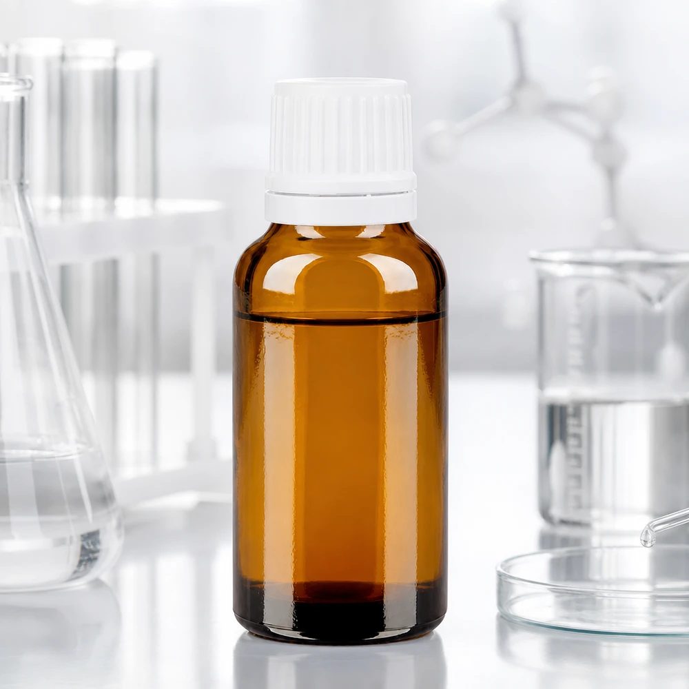 20 ml:n ruskealasinen apteekkipullo, jossa on valkoinen 11 mm:n turvakorkki, laboratoriokäyttöön