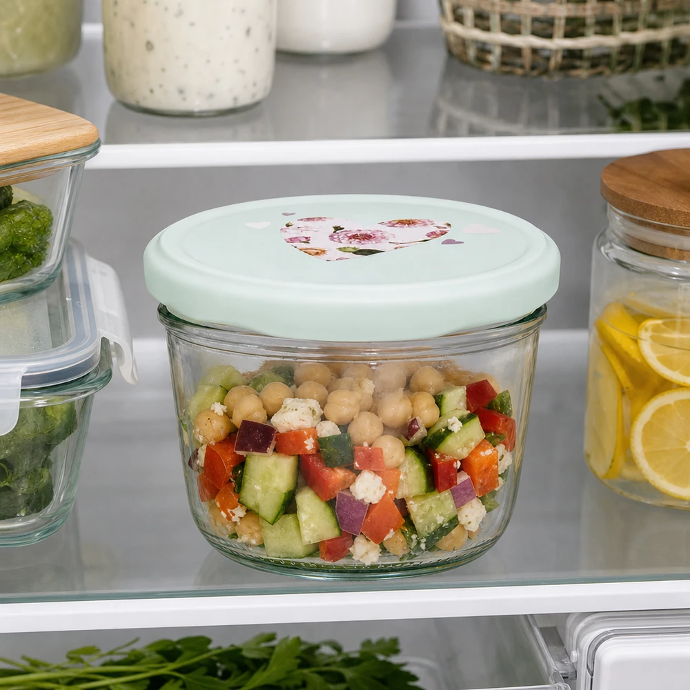 230ml Sturzglas mit Herz-Deckel mint im Kühlschrank, Salat mit Kichererbsen frisch gelagert, praktische Meal-Prep