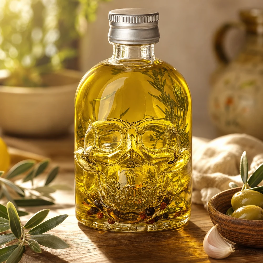50 ml:n Hector-lasipullo, joka on täytetty oliiviöljyllä ja yrteillä oliivien ja valkosipulin ohella Välimeren keittiössä.