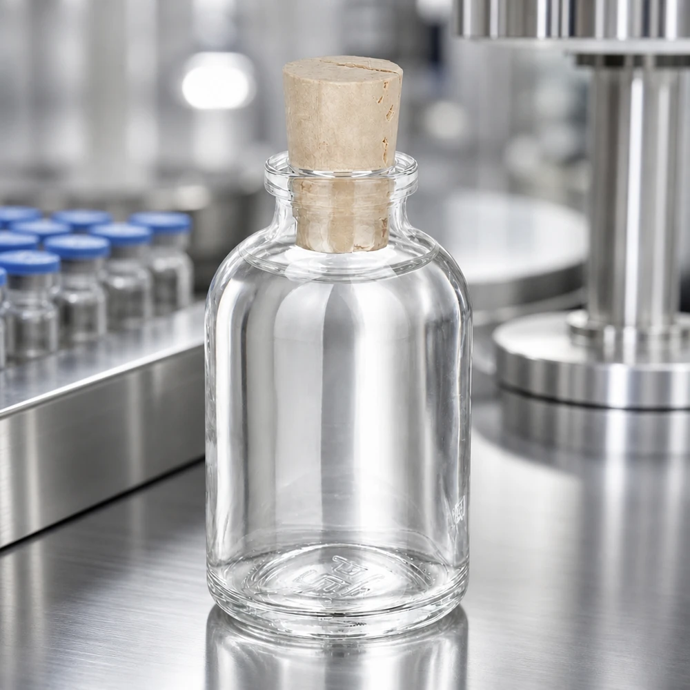 Kirkas lasipullo 50ml, jossa on korkki 11/14mm. Leere Glasflasche mit breitem Korkverschluss auf glänzender Edelstahlarbeitsplatte im Reinraum