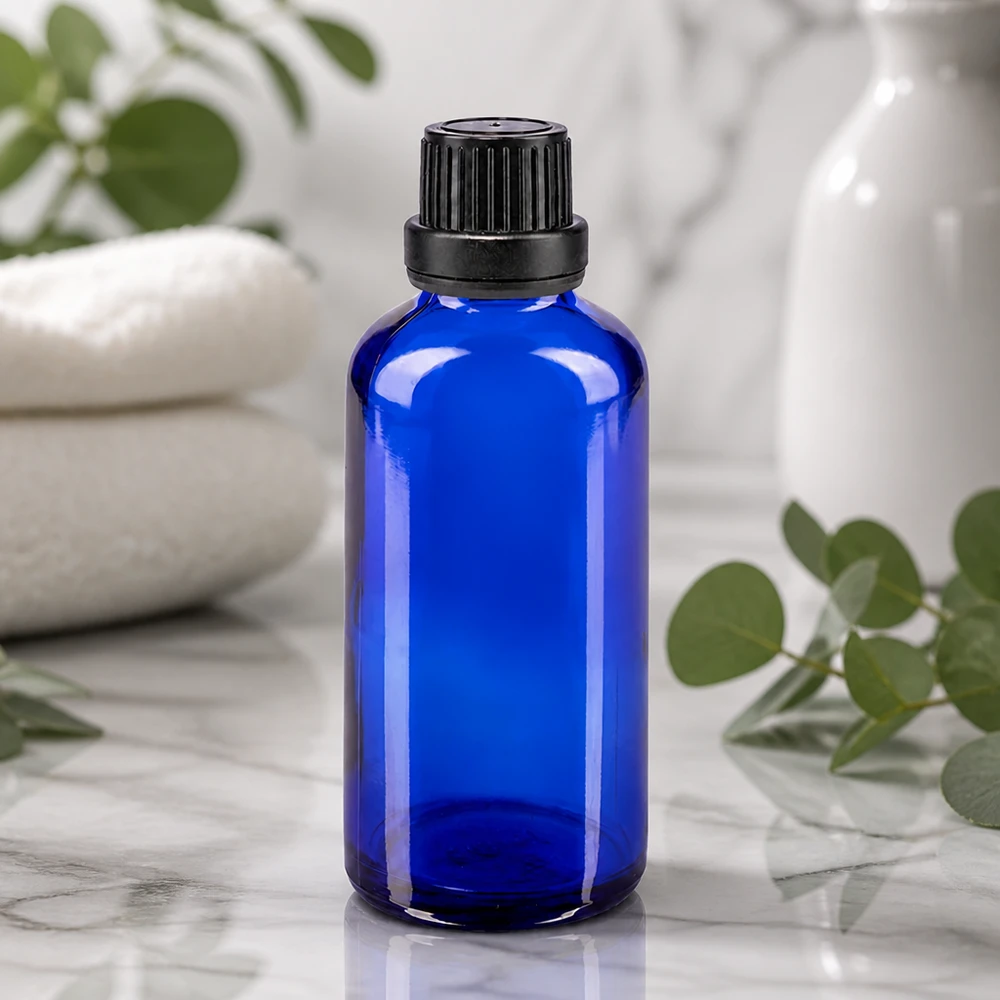 Sininen 50 ml:n lasipullo, jossa on lapsiturvallinen musta korkki, valkoisella marmoritaustalla
