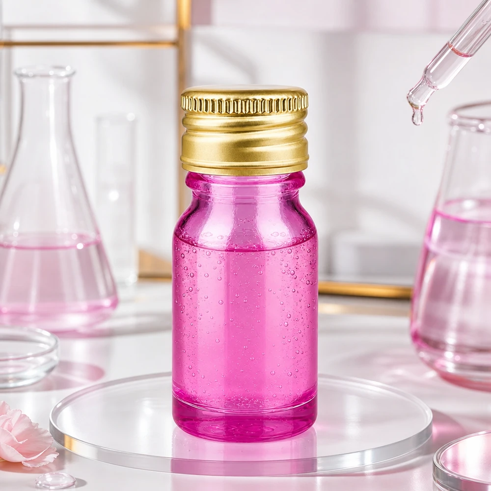 Kompakti 10 ml:n laboratoriopullo, violetti, kultainen alumiinikorkki tieteellisiin sovelluksiin.