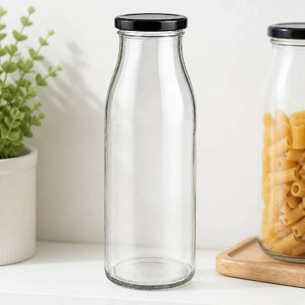 500ml lasipullo + BasicSeal-kansi musta UNiTWIST 500ml läpinäkyvä tyhjä lasipullo mustalla BasicSeal-kannella tyylikkäässä keittiömuotoilussa, jossa on pastaa ja yrttejä.