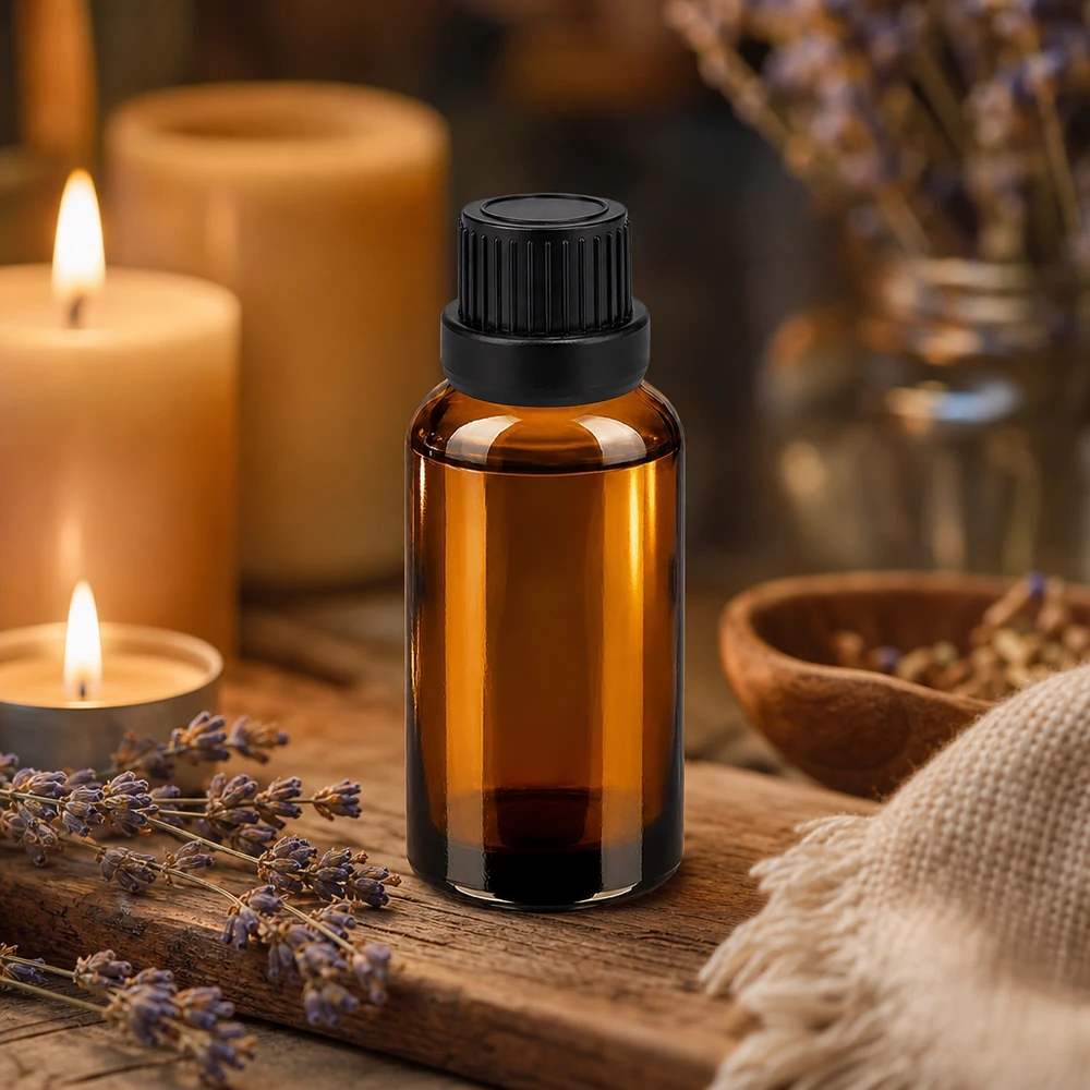 Pieni 30ml meripihkanvärinen lasipullo UV-suojalla ja mustalla tiputuskorkilla valolle herkille öljyille.