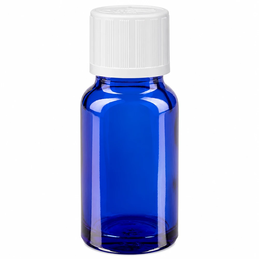 10 ml:n sininen lasinen apteekkipullo, jossa on valkoinen lapsiturvallinen korkki ja 1,2 mm:n tiputusosa