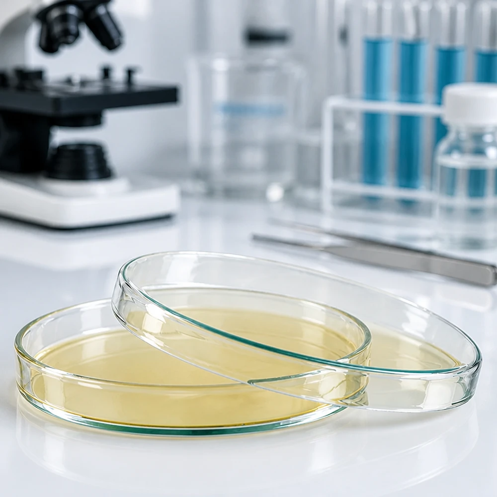 120 x 20 mm:n petrimalja kirkkaasta borosilikaattilasista, jossa on keltaista ravintoagaria, mikrobiologian laboratoriossa