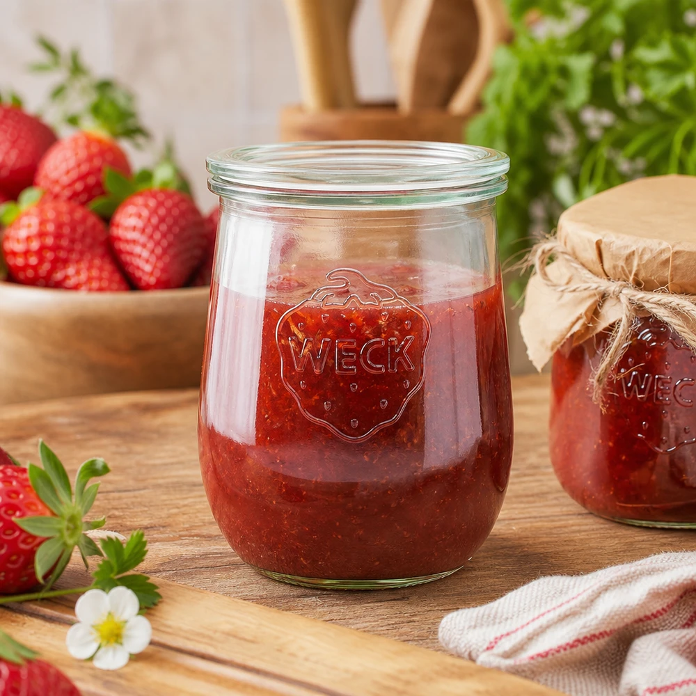 1062ml tulppaanipurkki lasikannella WECK RR100 WECK-säilykepurkki 1062ml täynnä mansikkahilloa puulaudalla tuoreiden mansikoiden ja keittiöpyyhkeen vieressä.