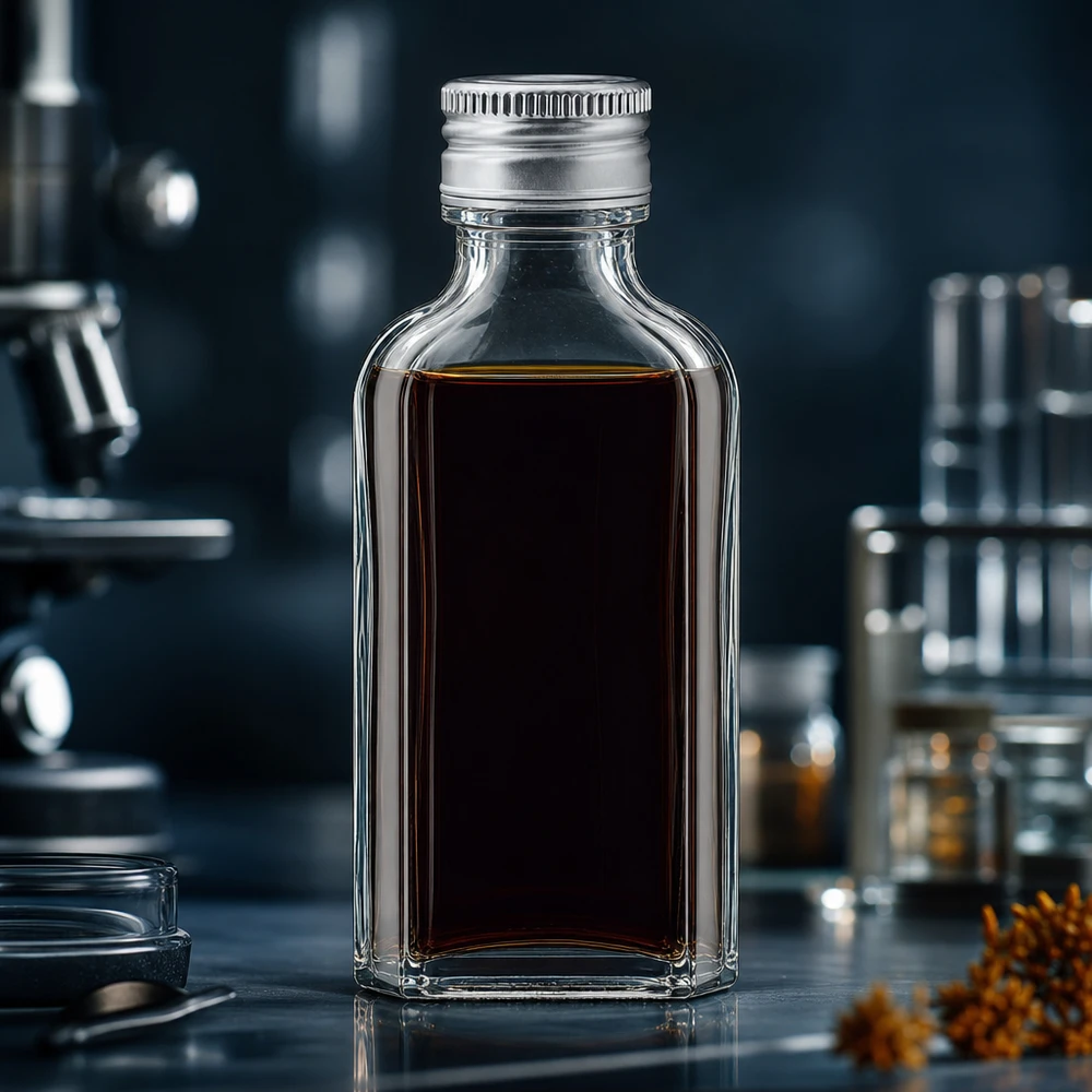 50 ml Meplat kirkas, alumiinikorkki hopea PP22 Pieni 50 ml:n Meplat-lasipullo, jossa on tummaa sisältöä ja hopeanvärinen alumiininen kierrekorkki PP22 laboratoriossa