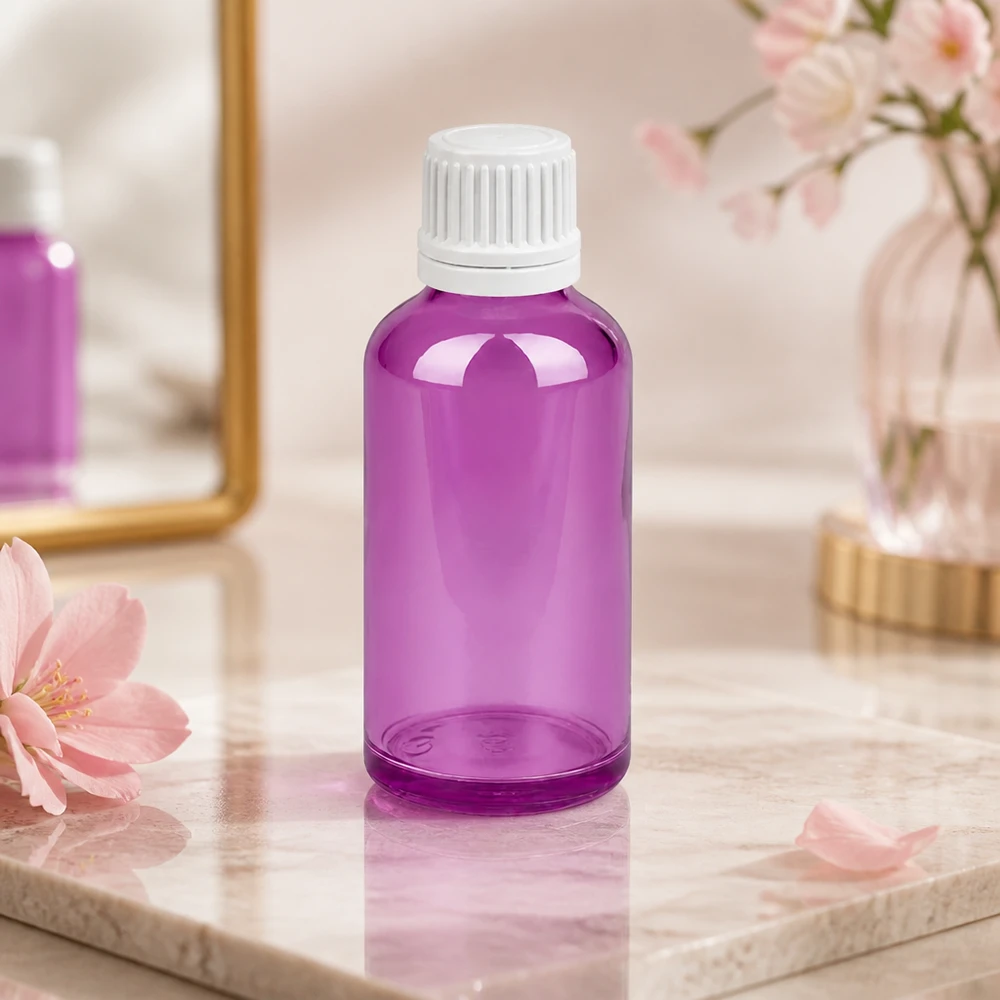 Elegantti 50ml pullo violetilla ja valkoisella korkilla ammattimaiseen kosmetiikkapakkaukseen.