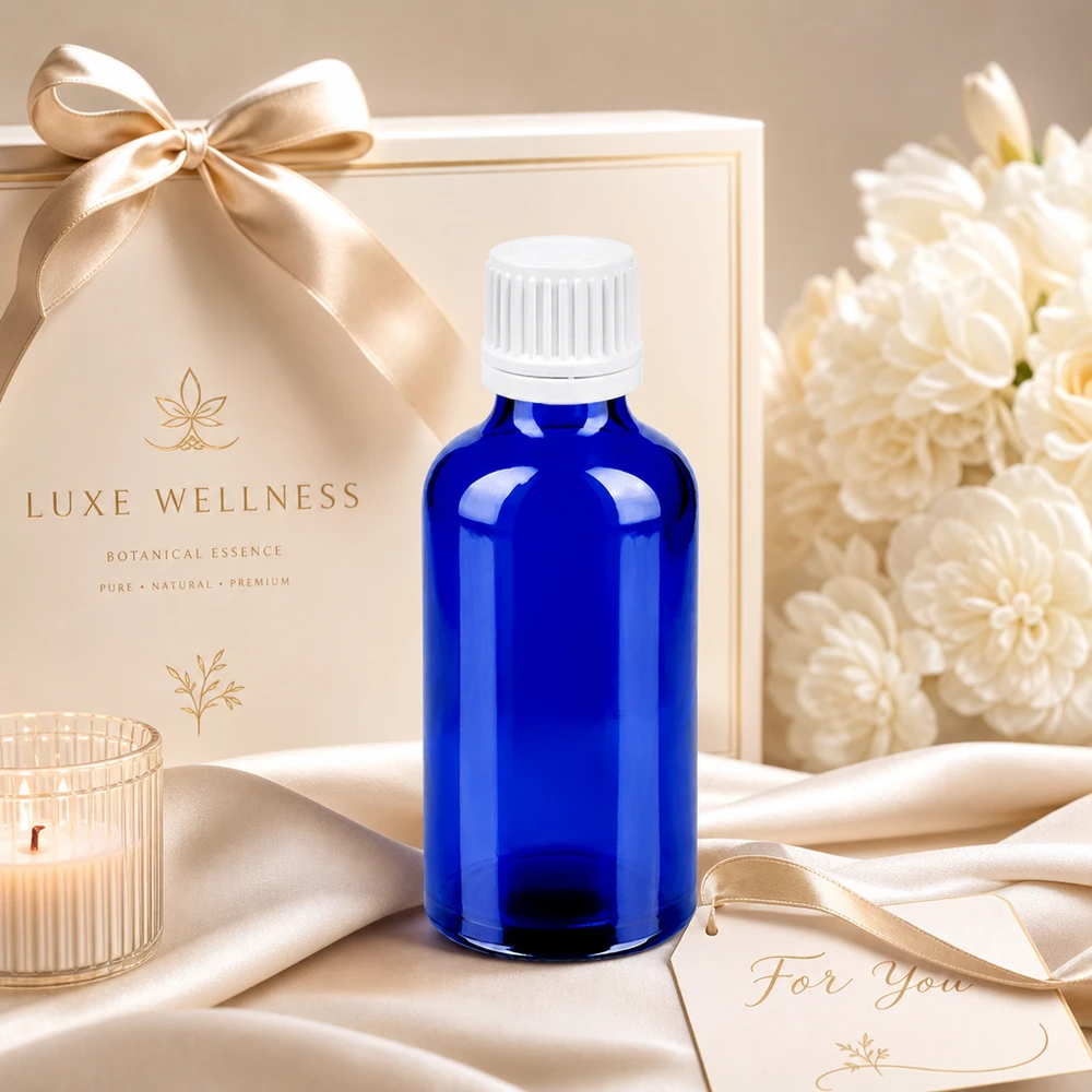 Premium 50ml lasipullo koboltin sinisellä ja valkoisella tiputuskorkilla wellness-tuotteille.