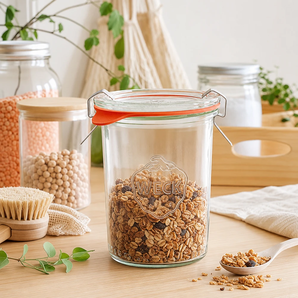 160 ml:n tumppupurkki täydellisenä WECK RR60 WECK 160ml RR60 myslipurkki, joka on täytetty myslillä kestävässä nollajätekeittiössä ympäristöystävälliseen säilytykseen.