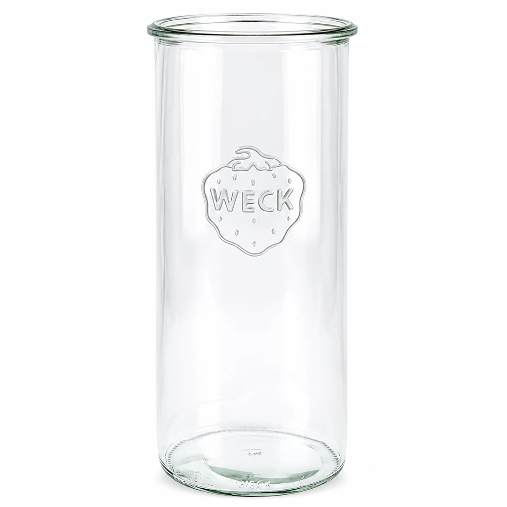 WECK-maljat 1500ml RR100 läpinäkyvä, jossa on kohokuvioitu logo ja pyöreä pohja säilytykseen ja varastointiin.