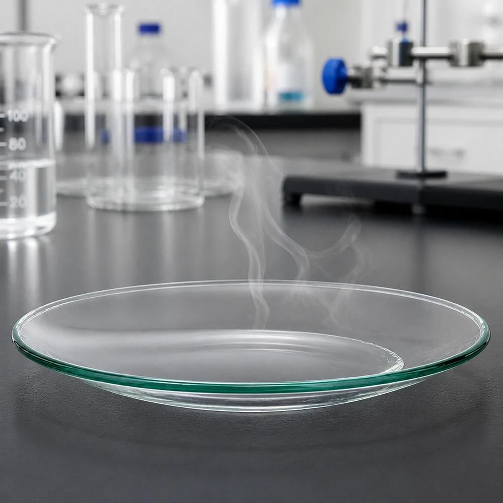 Kellolasiastia ø110 mm Litteä lasiastia halkaisijaltaan 110mm, jossa on tyypillinen kellolasin muoto laboratoriokokeita varten.