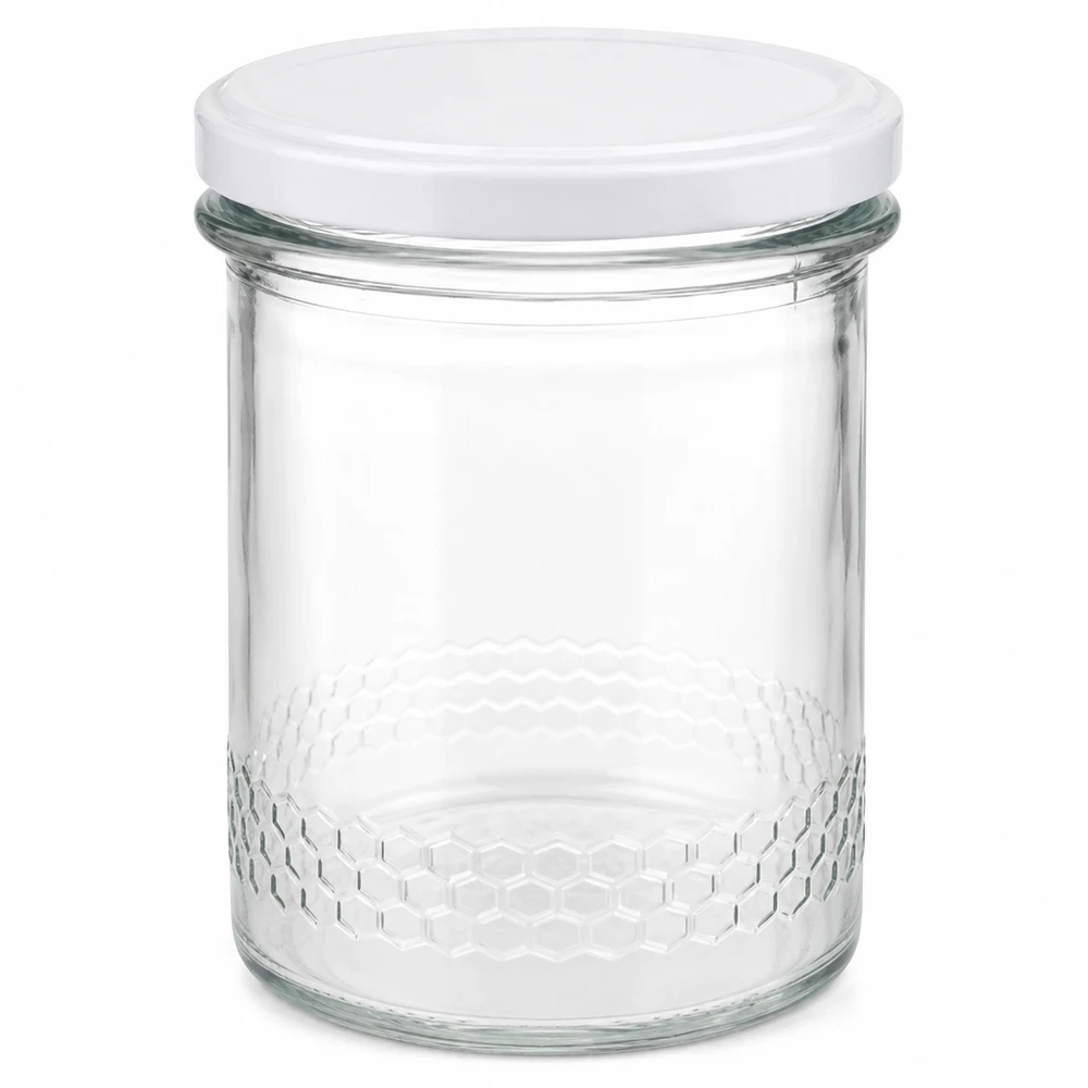 560g Honigglas + BasicSeal Deckel weiß UNiTWIST 400ml hunajapurkki valkoisella BasicSeal-kannella UNiTWIST-järjestelmän läpinäkyvä purkki, jonka pohjassa on hunajakennokuvio.