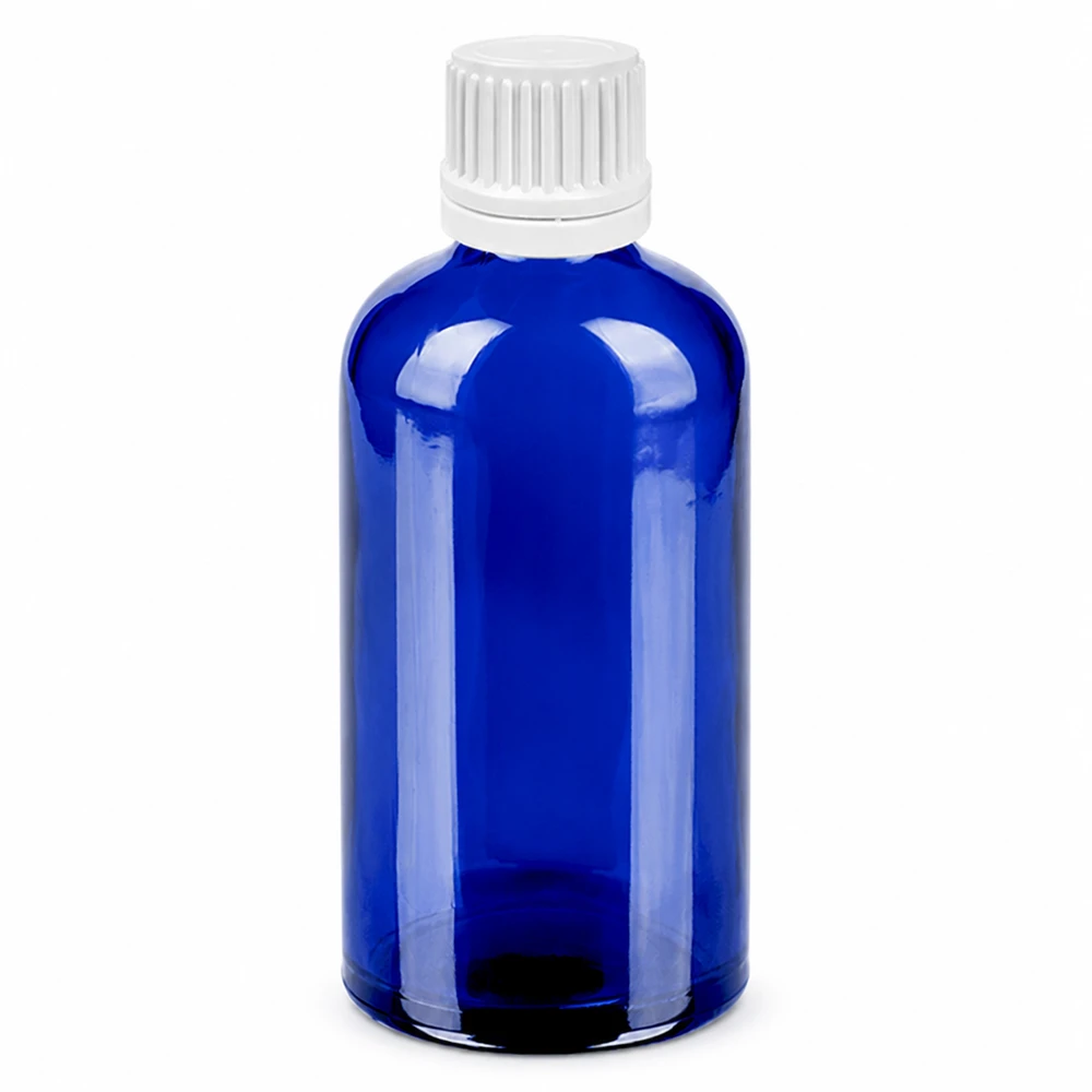Sininen lasipullo 100ml, jossa on valkoinen tiputuskorkki ja 0,7 mm:n aukko tarkkaa annostelua varten.