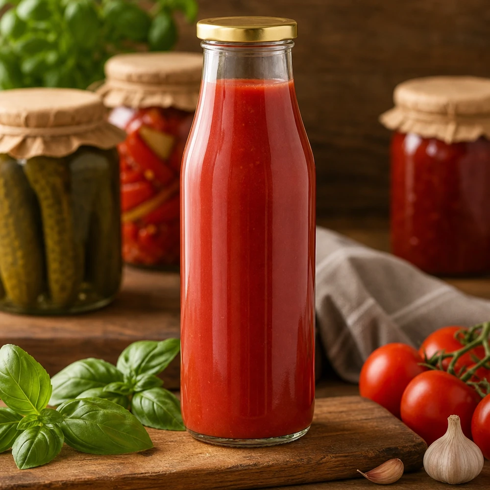 500ml Glasflasche mit Tomatensaft gefüllt zeigt praktische Verwendung für hausgemachte Säfte und Konserven