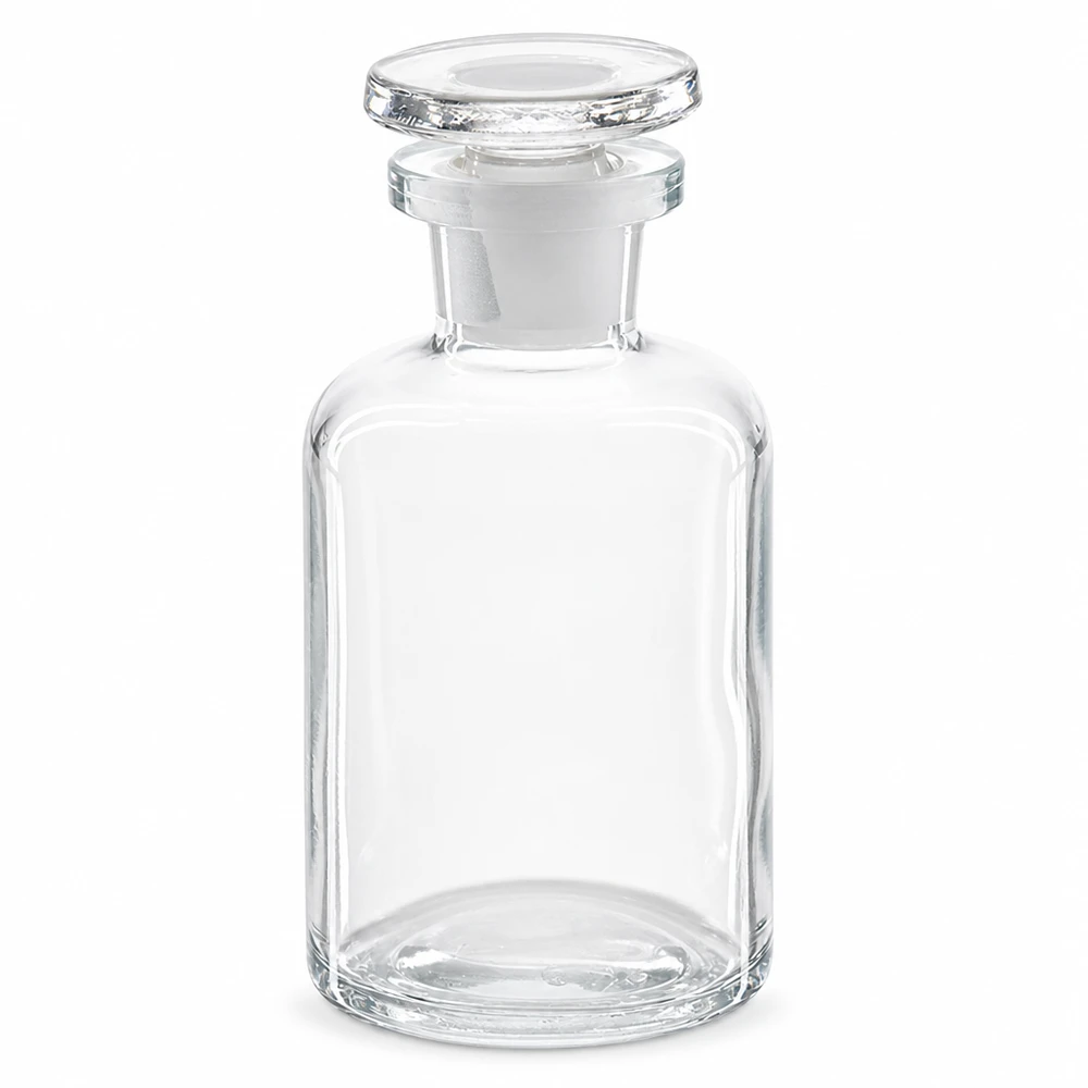 Pyöreäolkapullopullo, 50 ml, kirkas, lasitulpalla, kapeakaulainen, laboratorio- ja apteekkikäyttöön
