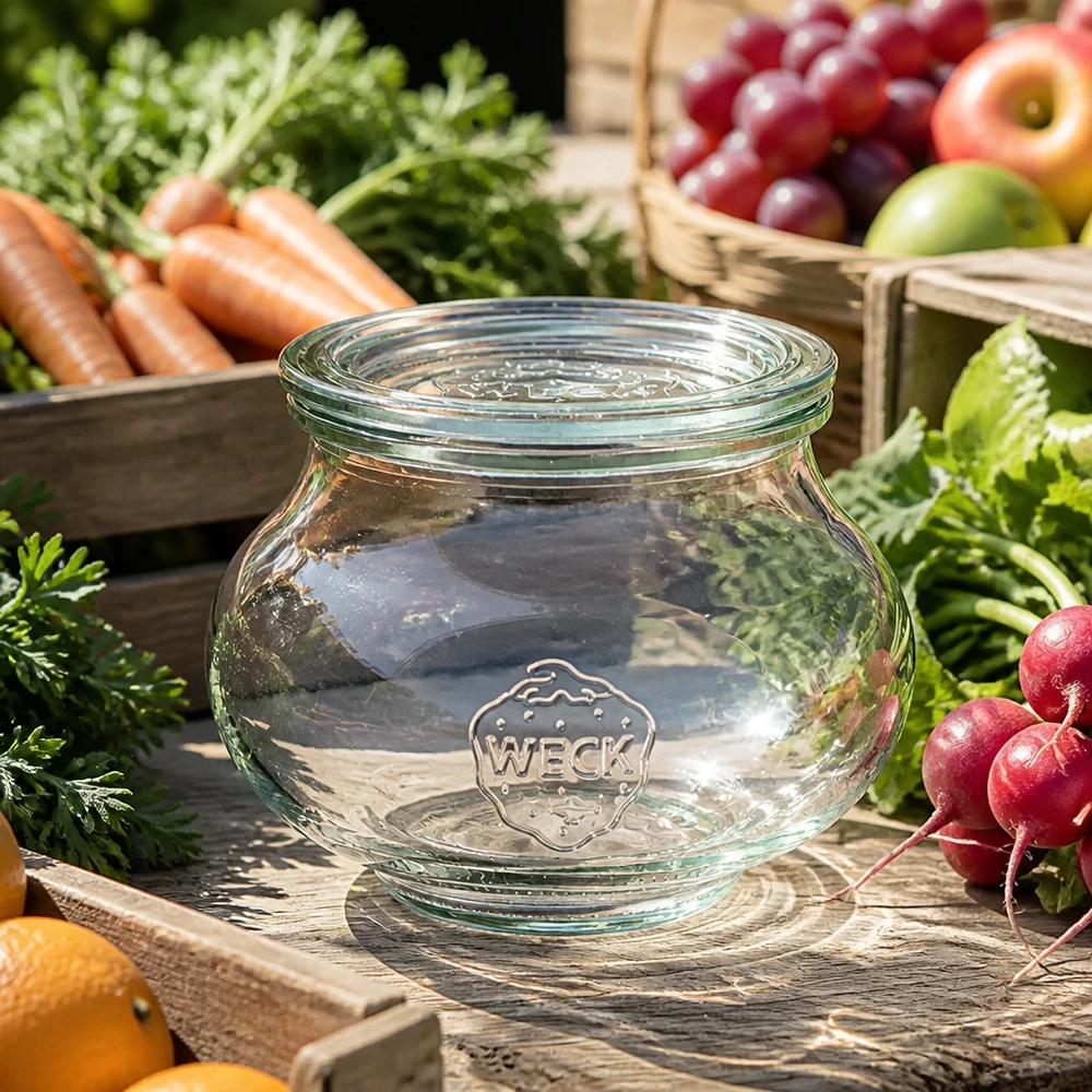 WECK koristeellinen purkki 560ml RR80 läpinäkyvällä lasikannella tuoreiden vihannesten, porkkanoiden, retiisien ja hedelmien välissä.