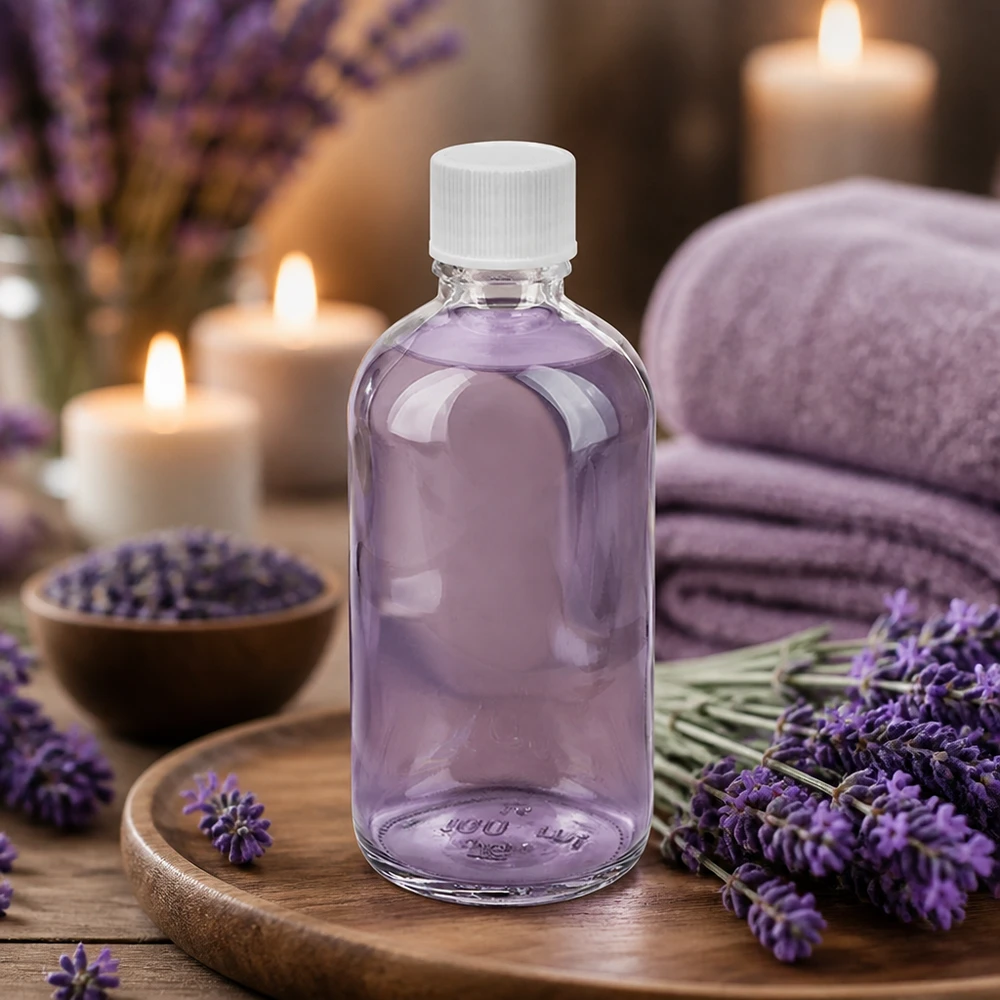 Laventeli-aromiöljy 100 ml:n kirkkaassa lasipullossa, jossa on valkoinen korkki, UT18 ClearLine -sarja