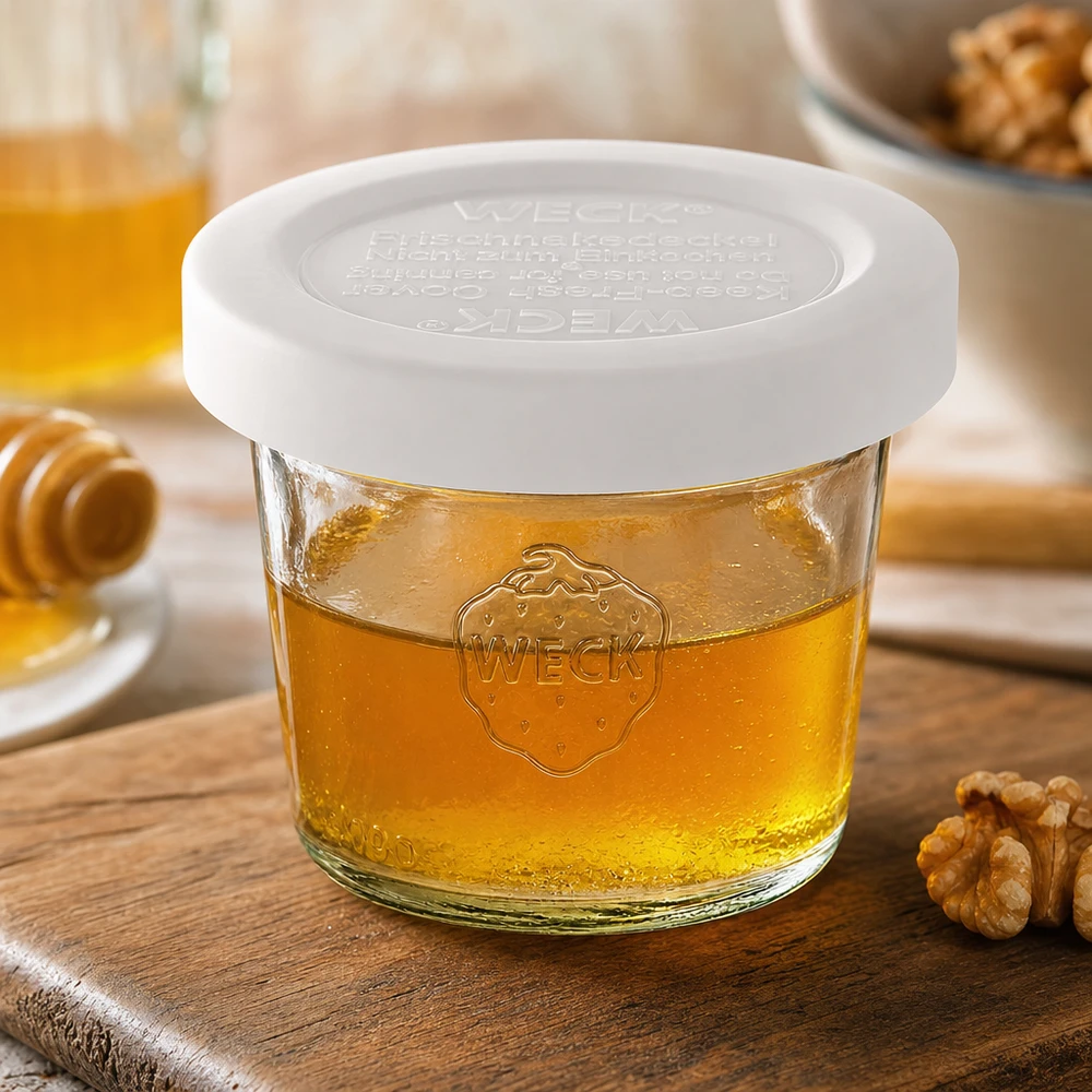 35ml lasipurkki, jossa on kansi WECK RR40 WECK 35ml RR40-maljat täynnä hunajaa ja valkoinen kansi, koristeltu saksanpähkinöillä puupohjalla.