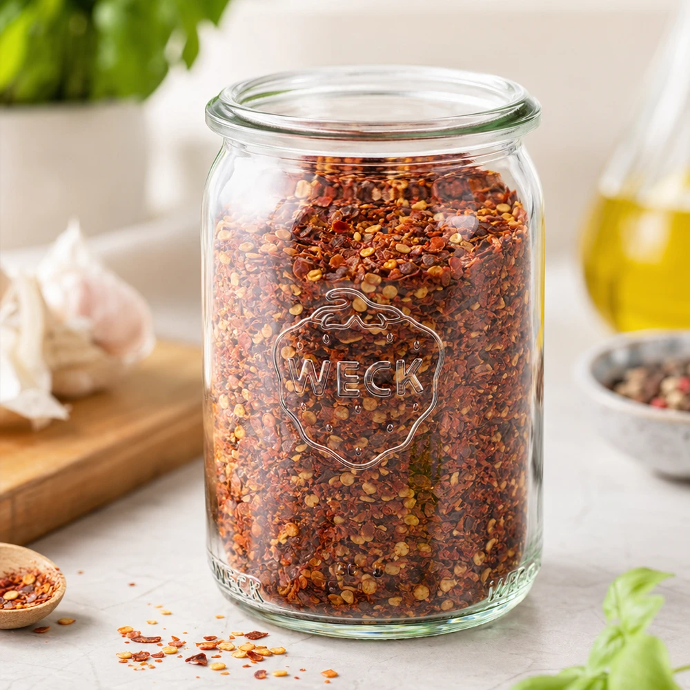 145ml sylinteripurkki WECK RR40 WECK RR40-purkki 145ml täynnä punaisia chilimaustehiutaleita valkoisella keittiön työtasolla valkosipulin ja öljyn kanssa.