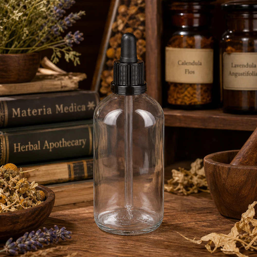 Apteekkipullo 100 ml, kirkas lasi, musta pipettikorkki yrttiuutteille, ClearLine UT18