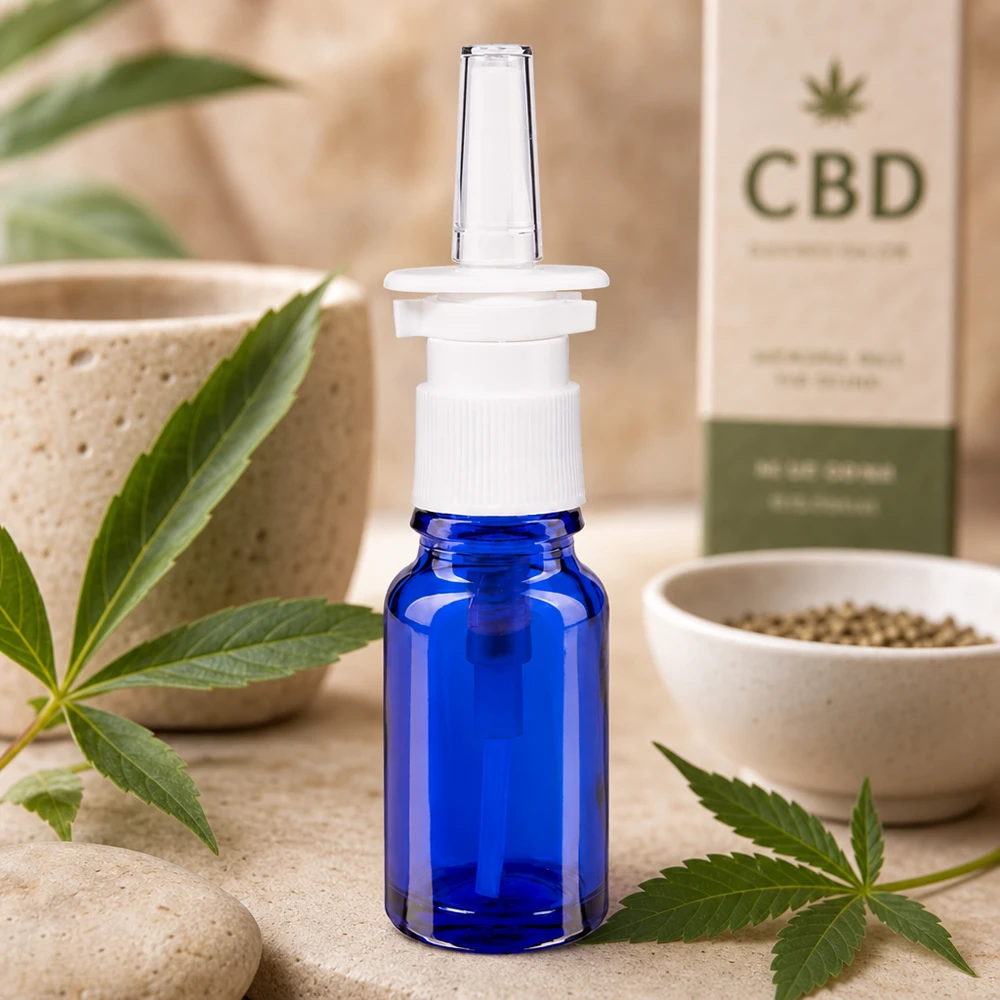 Apteekkipullo sininen 10ml nenäsumutin valkoinen standardi Kompakti 10 ml:n nenäsumutepullo koboltinsinisessä värissä, jossa on CBD-tuotteita ja hamppulehtiä