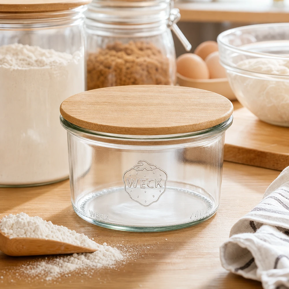 WECK Sturzglas 200ml RR80 mit Holzdeckel in natürlicher Küchenumgebung zwischen Backzutaten und Vorratsgläsern