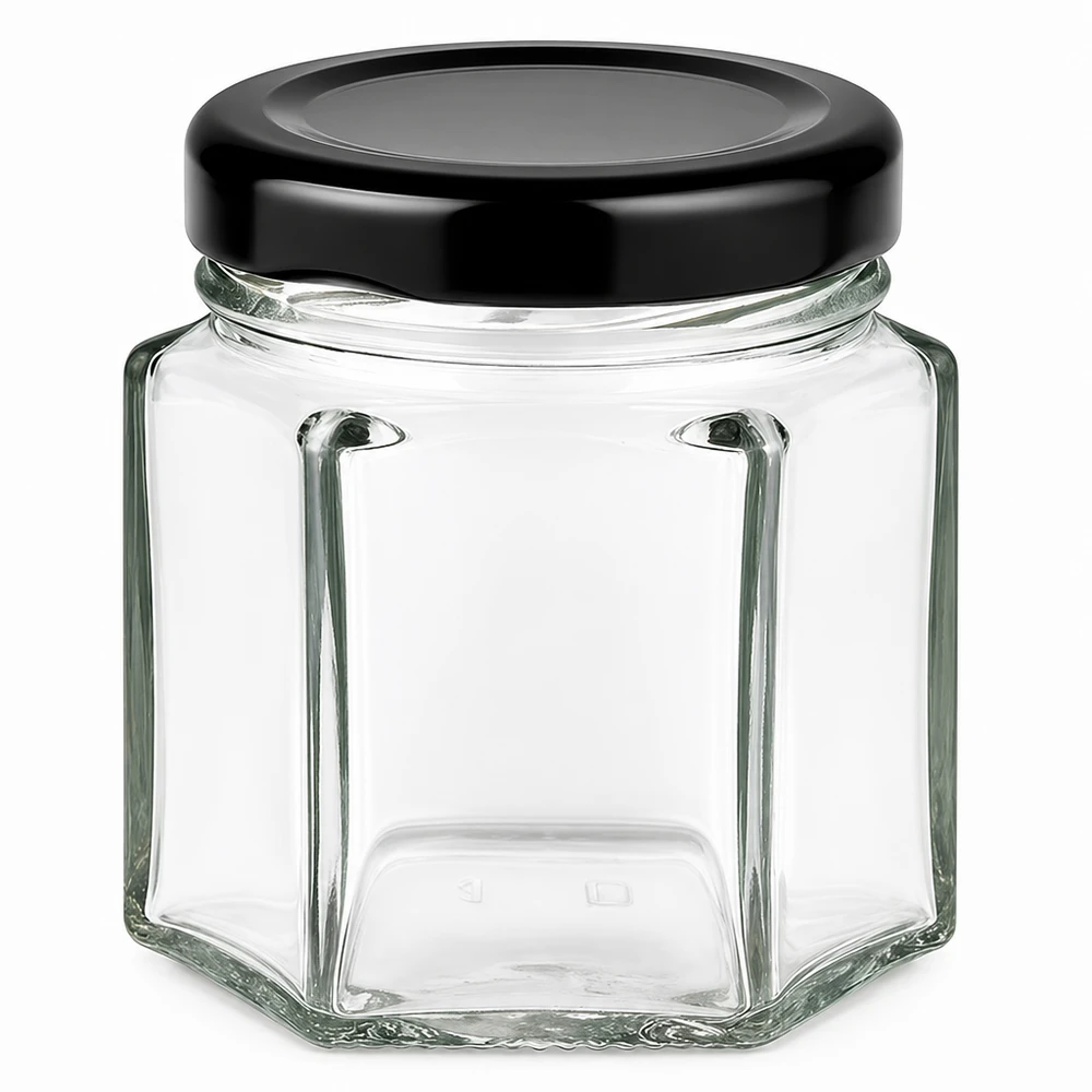 47ml heksapurkki BasicSeal-kannella musta UNiTWIST 47ml kuusikulmainen lasipurkki mustalla BasicSeal-kannella - kuusikulmainen lasipurkki elintarvikkeisiin ja säilytykseen.