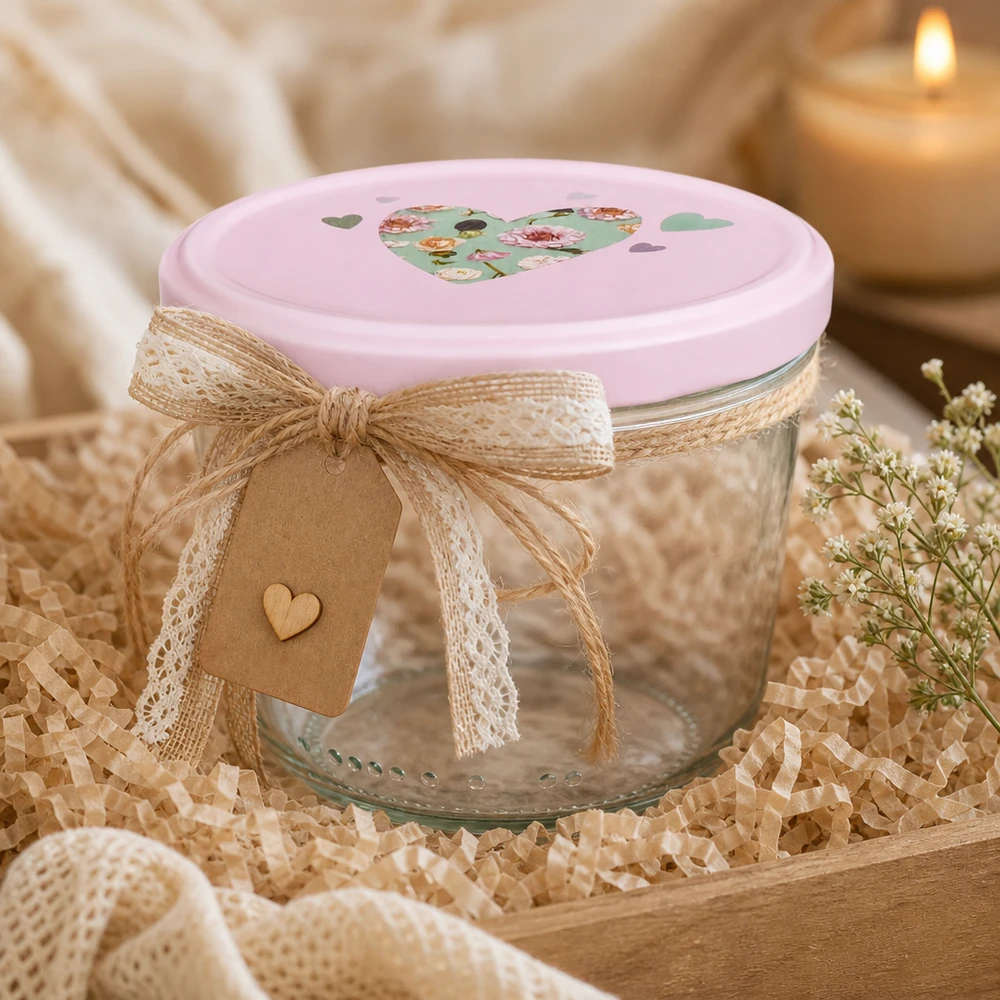 230ml juomalasit + BasicSeal kansi sydän vaaleanpunainen UNiTWIST Sturzglas 230ml mit rosa Herz-Deckel dekorativ mit Juteschleife und Geschenkanhänger als Geschenkverpackung arrangiert