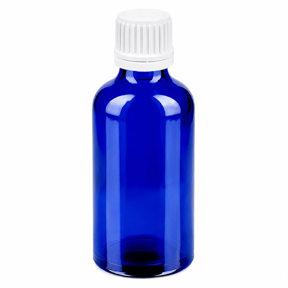 50ml sininen lasipullo valkoisella ruuvikorkilla kosmetiikkaan ja lääkkeille
