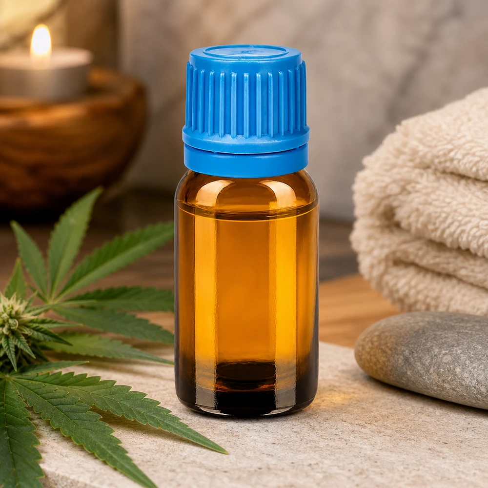 Korkealaatuinen 10ml apteekkipullo meripihkalasista, jossa on lapsiturvallinen sininen korkki.