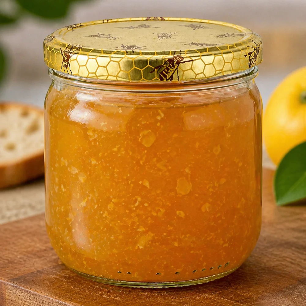 500g Honigglas mit Bienenwabe Deckel BasicSeal UNiTWIST 500 g hunajapurkki, jossa on kermaista hunajaa ja hunajakennokansi appelsiinin vieressä puualustalla.
