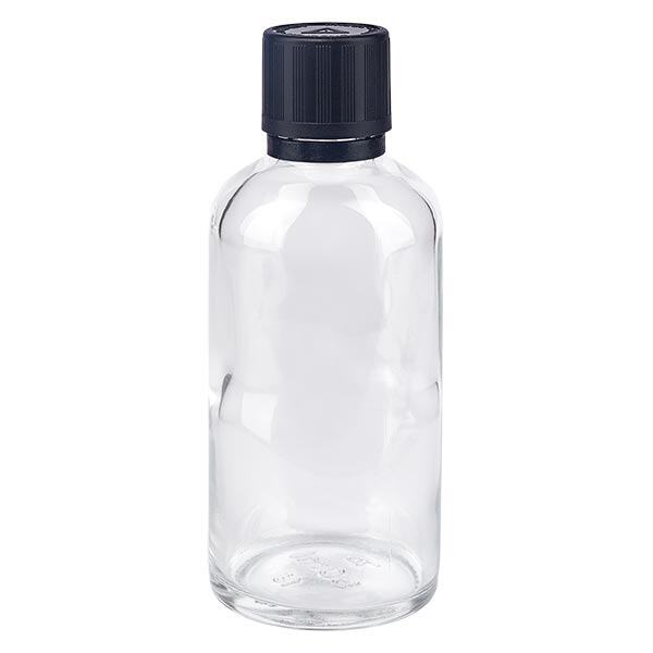 Apteekkipullo kirkas 50ml tippapullon korkki kaatorengas 1mm musta lapsilukko nuken varoitussymboli tamper evident sulkeminen.