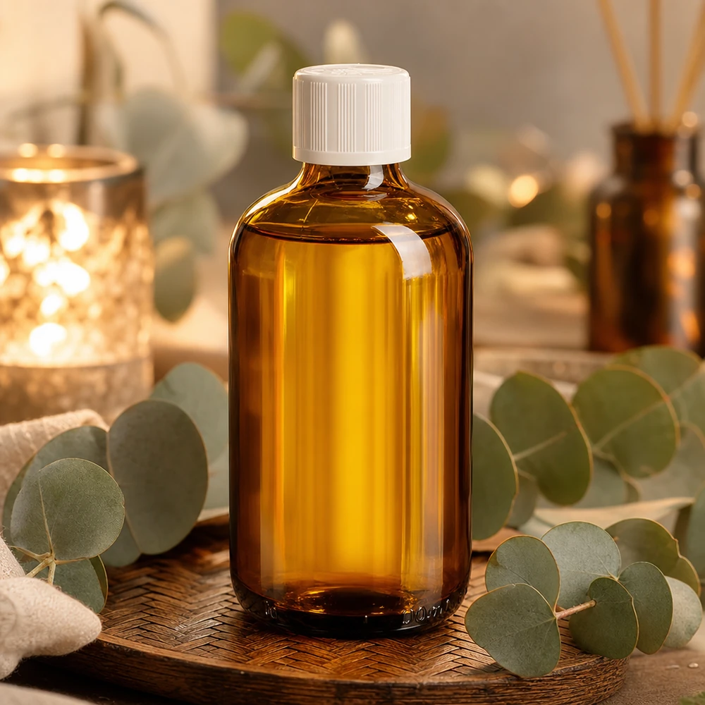 100 ml:n apteekkipullo, ruskeaa lasia, valkoinen lapsiturvallinen korkki, eukalyptus-tuoksu, spa-tunnelma