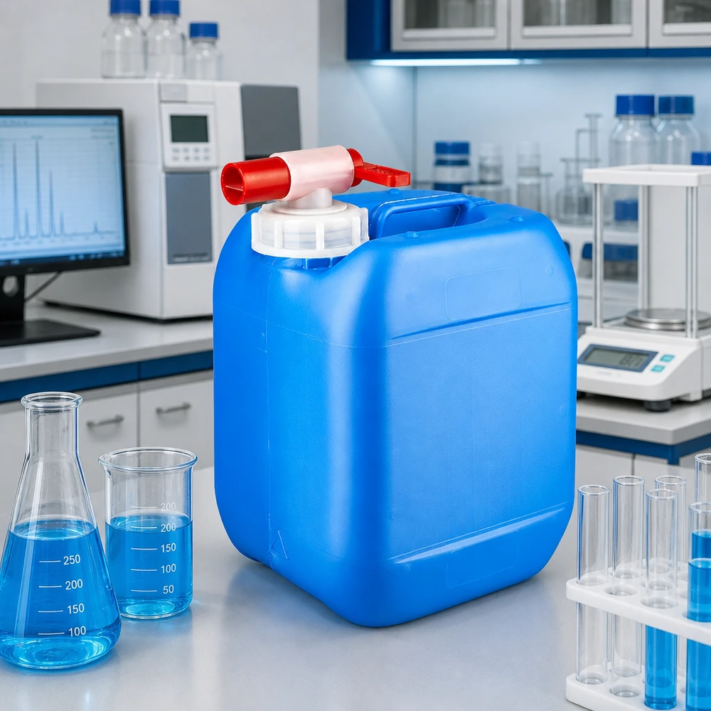 Kanisteri 5 litraa sininen tyhjennyshanalla Sininen 5 litran muovikanisteri, jossa on täyttöhan, laboratorioympäristössä Erlenmeyer-pullon ja lasikupin vieressä