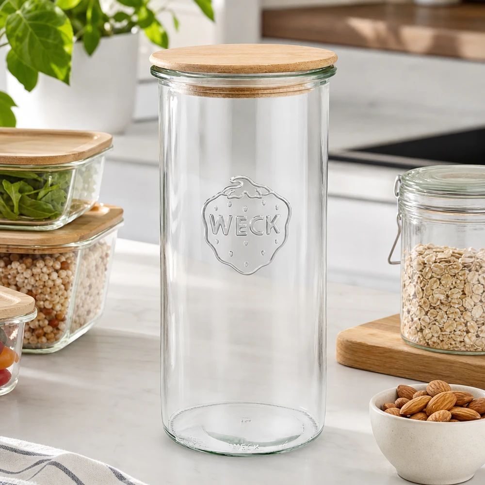 1500ml tumppupurkki WECK RR100 puukannella, jossa on puupallo WECK 1500ml RR100 tyhjä säilytyspurkki puukannella modernissa keittiössä, jota ympäröivät täytetyt säilytyspurkit pähkinöillä.