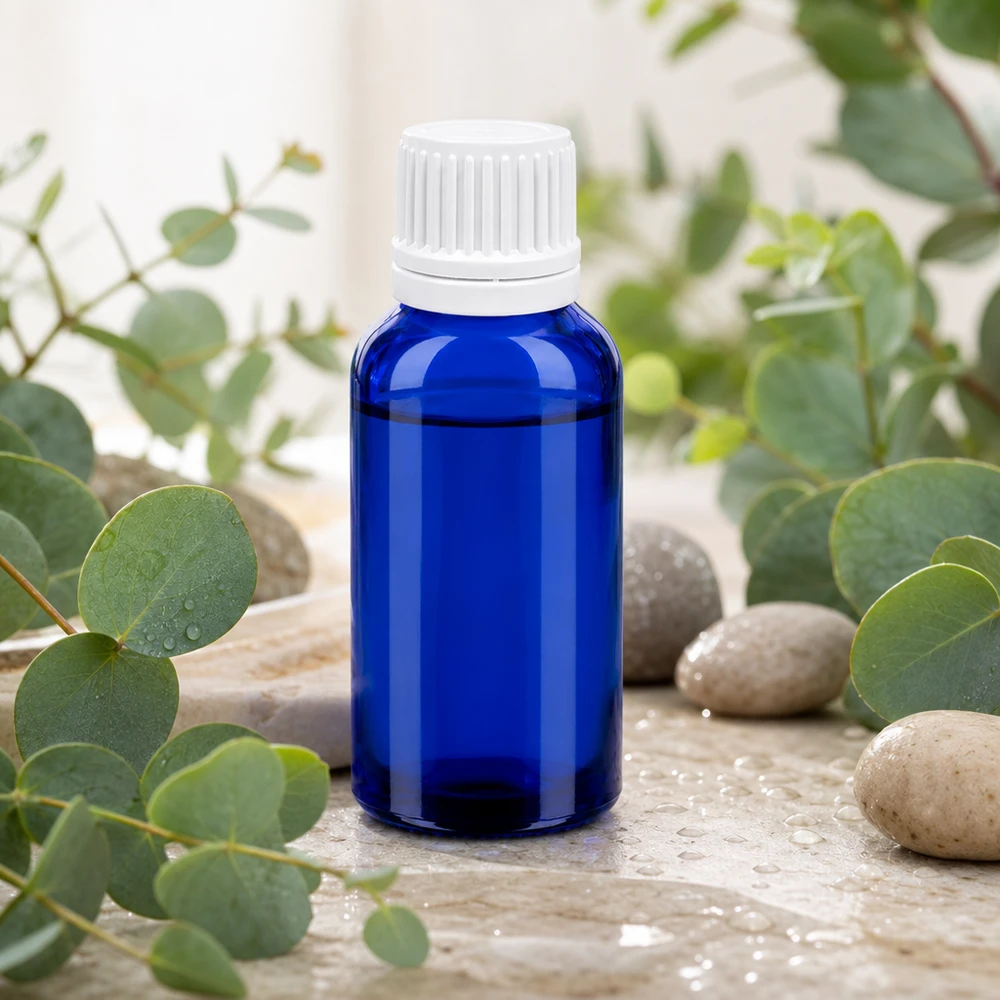 30ml sininen lasipullo valkoisella tiputuskorkilla eteerisille öljyille ja kosmetiikalle.