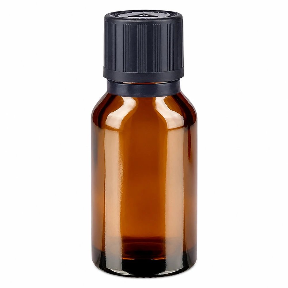 Ruskea apteekkipullo, 15 ml, mustalla lapsiturvallisella korkilla ja 1 mm:n tiputuslaitteella