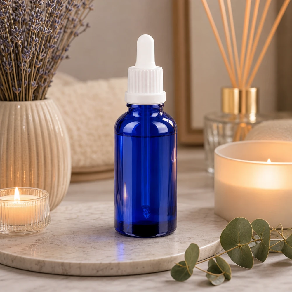 30ml pipettipullo valkoinen peukaloinninesto BlueLine UT18/30 BlueLine UT18/30 30ml BlueLine UT18 pipettipullo korkealaatuisesta kobolttilasista kosmetiikkatuotteiden UV-suojaukseen.
