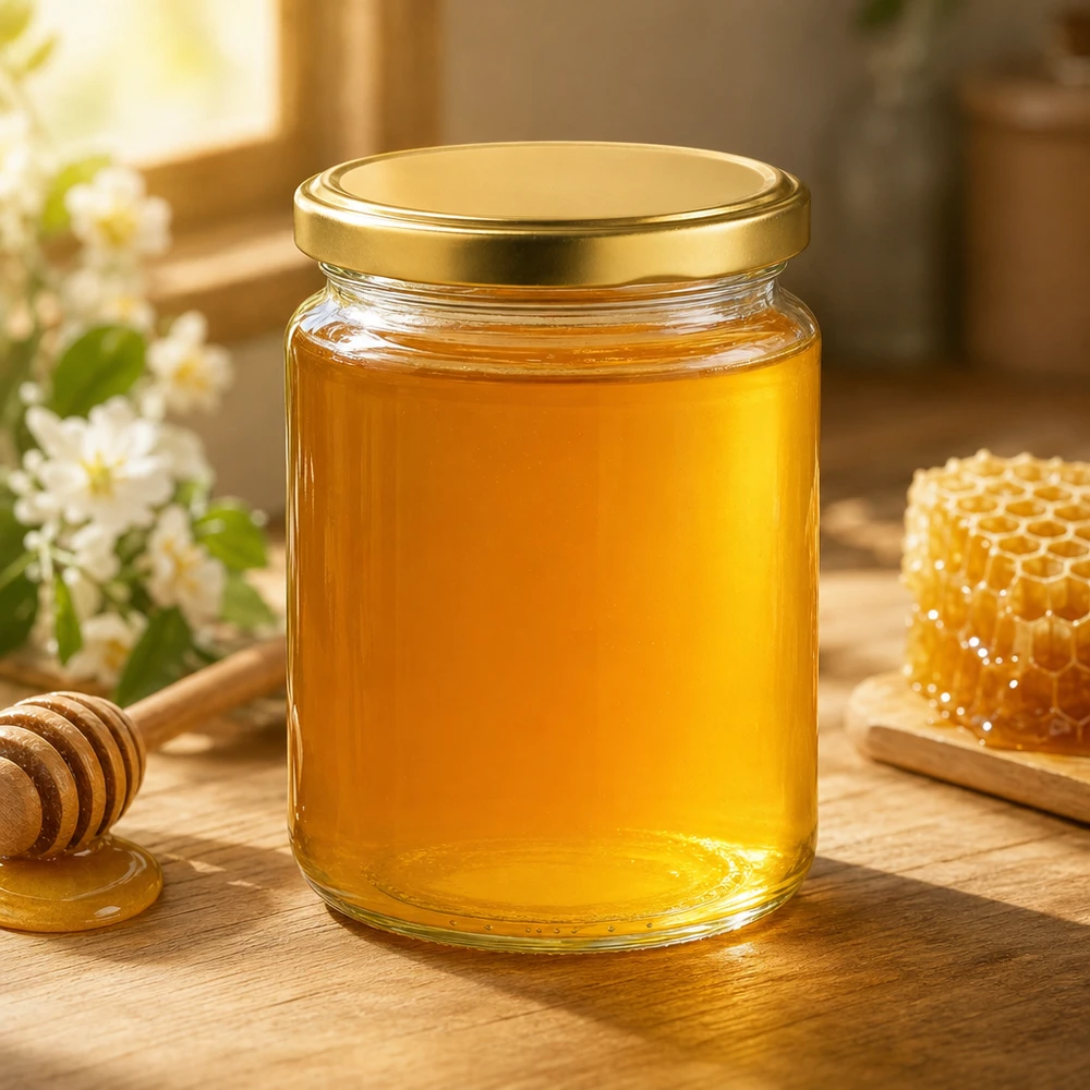 450g Honigglas mit goldenem Deckel BasicSeal UNiTWIST 450g hunajapurkki kultaisella kannella täynnä hunajaa hunajakennon ja hunajalusikan vieressä luonnollinen keittiökoristeilu.