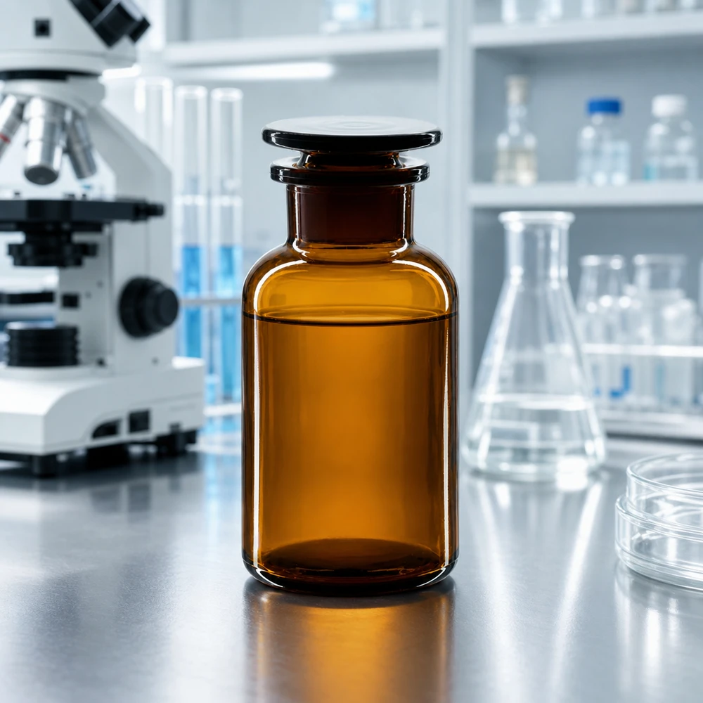 Pyöreä olkapääpullo 250ml ruskea leveäkaulainen lasitulppa Laboratorioapteekin ruskealasiinen 250 ml:n leveäkaulainen pullo, jossa on lasitulppa, mikroskoopin ja Erlenmeyer-pullon vieressä